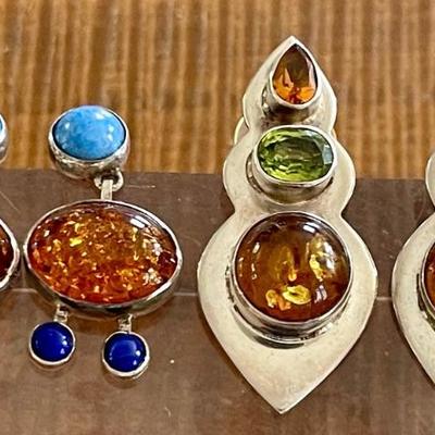 (2) Pairs Of Sterling Silver - Amber - Blue Lapis - Faceted Peridot & Citrine Earrings - Total Weight 22.3 Grm