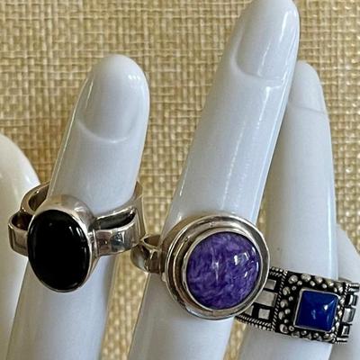 (3) Sterling Silver Rings - Black Onyx - Charoite & Blue Lapis - Sizes 5-6 - Total Weight 24.8 Grams 