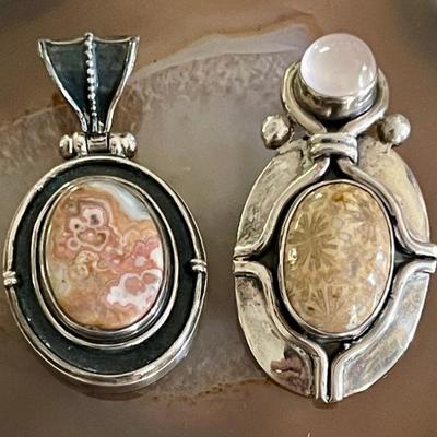 (2) Vintage Sterling Silver Pendants  (1) Fossilized Coral & Moonstone (1) Crazy Lace Agate - 21.6 Grams 