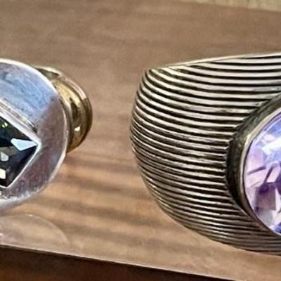 (2) Sterling Silver Rings - Rainbow Topaz & Large Faceted Amethyst Ring (as Is) Weight 16 Grams 