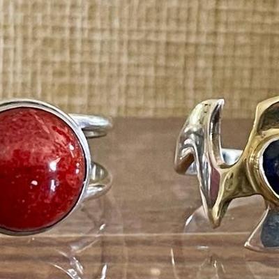 (2) Sterling Silver Rings - Coral Cabochon & Faceted Iolite - Total Weight 9.3 Grams 