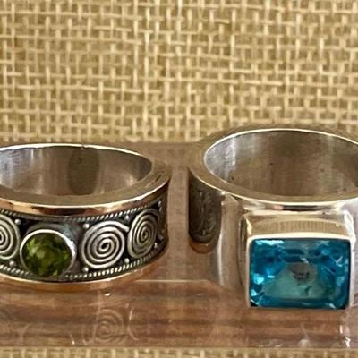(2) Sterling Silver Rings Large Blue Faceted Topaz & (1) Peridot W 18K Gold Accent - Size 7  Weight 24.6 Gram