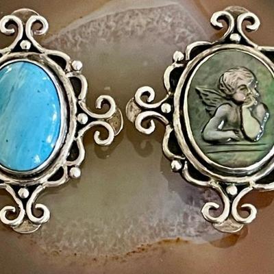2 Sterling Silver Pendants (1) Carved Mother Of Pearl & (1) Larimar - Total Weight 19.1 Grams 