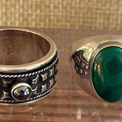 (2) Sterling Silver Rings - Spinner Black Onyx & Hematite And Oval Malachite Cabochon - Weight 16.9 Grams