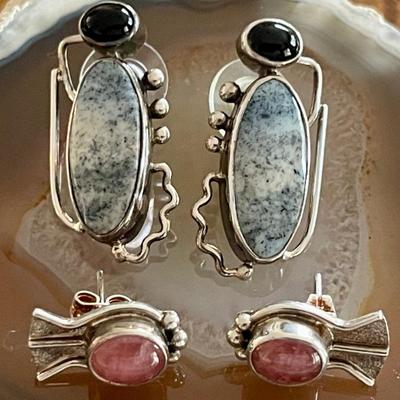 (2) Pairs Of Sterling Silver  Jasper - Onyx & Rhodochrosite Handmade Earrings - Total Weight 17.5 Grams 