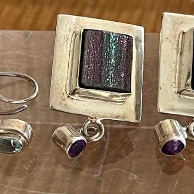 (2) Pairs Of Sterling Silver Handmade Earrings (1) Rainbow Hematite & Amethyst (1) Faceted Aquamarine - 13.6 G