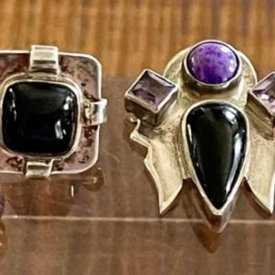 (2) Pairs Of Sterling Silver - Pietersite - Sugilite - Amethyst & Onyx Handmade Earrings -  Weight 18.1 Grams