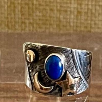 (3) Sterling Silver Rings - Band - Blue Lapis Moon & Stars - Amethyst W 18K Gold Accents Size - 16.2 Grams 