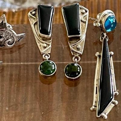 (3) Sterling Silver - Rainbow Obsidian - Black Onyx & Topaz Homemade Earrings - Total Weight 19.8 Grams 