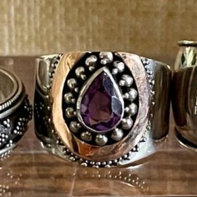 (3) Sterling Silver Rings - Amber - Spinner Band & Charoite Poison Ring - All Size 7 - Total Weight 22.3 Grams