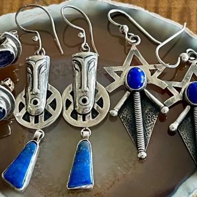 (3) Pairs Of Sterling Silver Blue Lapis & Faceted Iolite Post &  Wire Earrings - Total Weight 24.2 Grams 