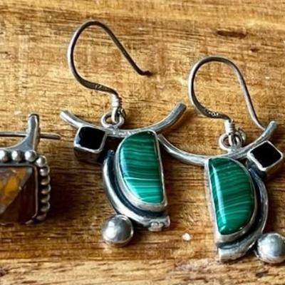 (3) Pairs Of Sterling Silver - Jasper - Peridot - Malachite & Black Onyx Handmade Earrings - Weight 23.1 Grams