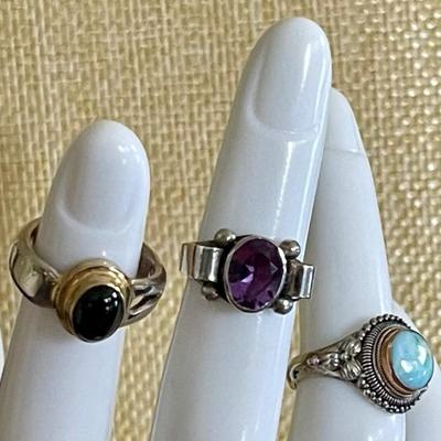 (3) Sterling Silver Pinky Rings - Sizes 2.75 - 3.25 - Amethyst - Larimar & Black Onyx - Weight 11.3 Grams 