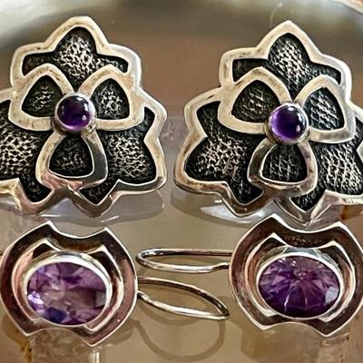 (2) Pairs Of Sterling Silver And Amethyst Handmade Earrings (1) Pair Clip-ons - Total Weight 16 Grams 