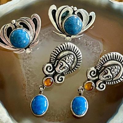 (2) Pairs Of Vintage Sterling Silver Blue Lapis & Amber Post Earrings - Total Weight 21.1 Grams 