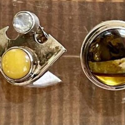 (2) Pairs Of Sterling Silver - Amber - Baltic Amber & Moonstone Handmade Earrings - Total Weight 22.6 Grams