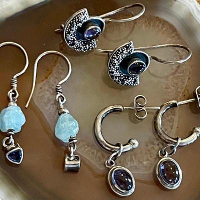 (3) Pairs Of Sterling Silver - Aquamarine - & Iolite Handmade Earrings - Total Weight 11.9 Grams 