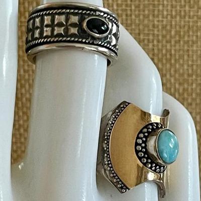 (2) Sterling Silver Rings - Larimar & 18K Gold Accent And Spinner Ring Onyx & Hematite -size 7 - 21.4 Grams 