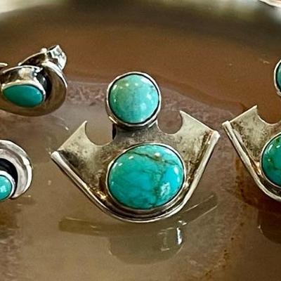 (2) Pairs Of Handmade Sterling Silver & Turquoise Post Earrings - Total Weight 17.6 Grams 