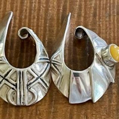 (2) Pairs Of Vintage Handmade Sterling Silver Cuff Earrings - Baltic Amber Cabochons - Total Weight 50.1 Grams