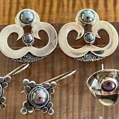 (3) Pairs Of Sterling Silver & Grey Pearl Handmade Earrings - Total Weight 20.5 Grams 