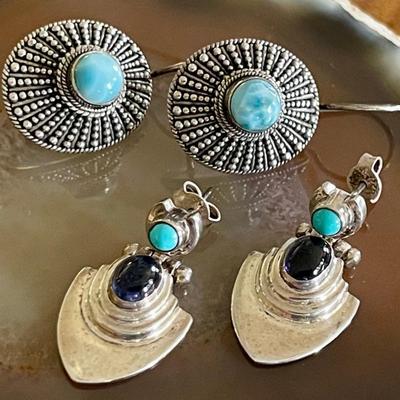 (2) Pairs Of Sterling Silver Handmade Earrings - Larimar Wire & Turquoise And Iolite Post Earrings 16.5 Grams 