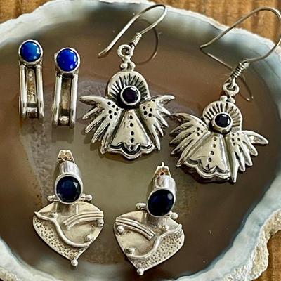 (3) Pairs Of Sterling Silver - Faceted Iolite & Blue Lapis Post & Wire Earrings - Total Weight 19.5 Grams 