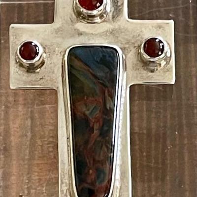 Stunning Sterling Silver - Carnelian & Pietersite Handmade Cross Pendant - Total Weight 29.1 Grams 