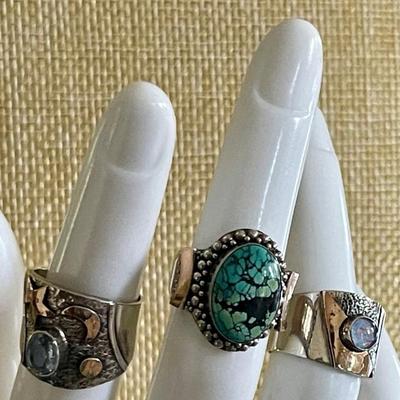 (3) Sterling Silver Rings - Turquoise - Topaz Moon & Stars & Opal With 18K Gold Accents -All Size 5 - 19 Grams
