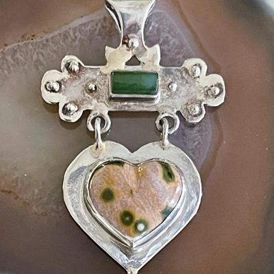 Vintage Sterling Silver - Ocean Jasper & Jade Pendant - Total Weight 14.2 Grams 
