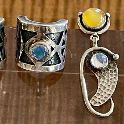 (2) Pairs Of Sterling Silver Spectrolite & Baltic Amber Handmade Earrings - Total Weight 23.6 Grams 