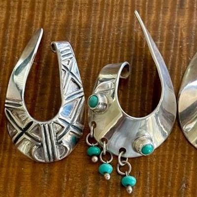 (2) Pairs Of Sterling Silver Handmade Cuff Earrings (1) Pair With Turquoise - Total Weight 43.1 Grams 