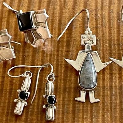 (3) Pairs Of Sterling Silver - Jasper & Black Onyx Handmade Earrings - Total Weight 18.7 Grams 