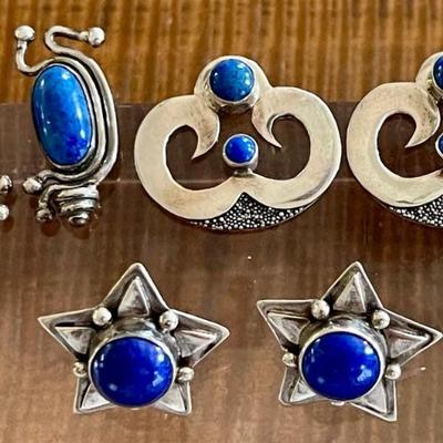 (3) Pairs Of Sterling Silver & Blue Lapis Handmade Earrings - Total Weight 26.6 Grams 