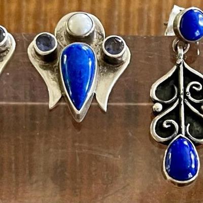 (2) Pairs Of Sterling Silver - Blue Lapis - Iolite & Pearl Handmade Earrings - Total Weight 18.8 Grams 
