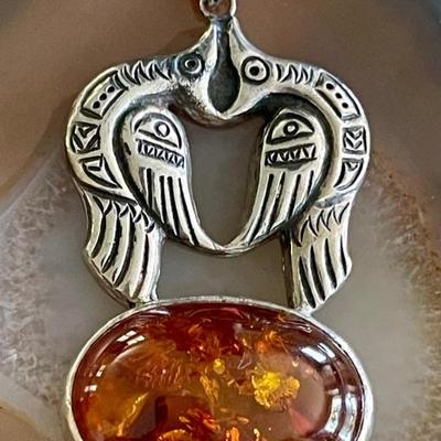 Vintage Handmade Sterling Silver Birds & Amber Pendant - Total Weight 12.7 Grams 