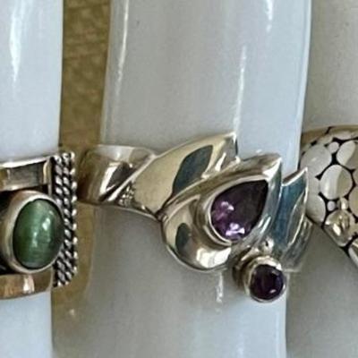 (3) Sterling Silver Rings - Green Cat's Eye - Garnet & Amethyst - Total Weight 17.4 Grams 