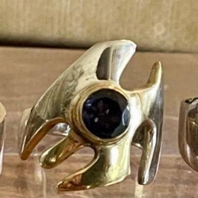 (3) Sterling Silver Pinky Rings - Iolite - Garnet & Ruby W 18K Gold Accents Sizes 3.5 - Total Weight 13 Grams 