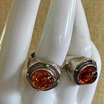 (2) Sterling Silver Rings - Amber Cabochons - Total Weight Grams