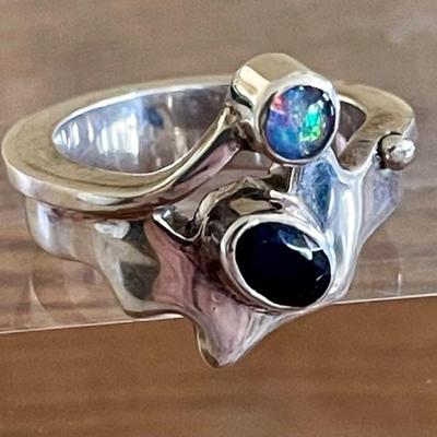 Sterling Silver Ring With Opal & Sapphire Stones - Size 7 - Total Weight 10 Grams 