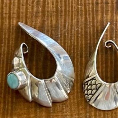 (2) Pairs Of Handmade Sterling Silver Cuff Earrings With Chalcedony Cabochons - Total Weight 45.9 Grams 