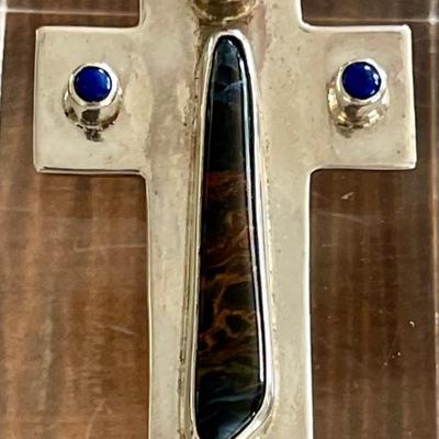 Sterling Silver - Pietersite & Blue Lapis Lazuli Cross Pendant - Total Weight 29.7 Grams 