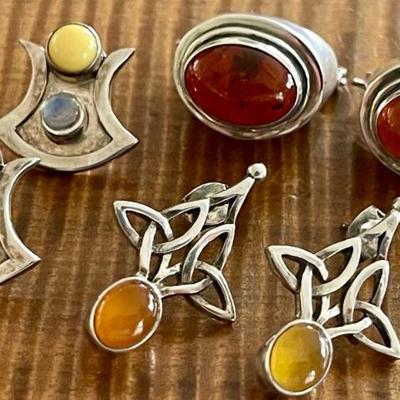 (3) Pairs Of Sterling Silver - Amber & Moonstone Handmade Earrings - Total Weight  23.5 Grams 