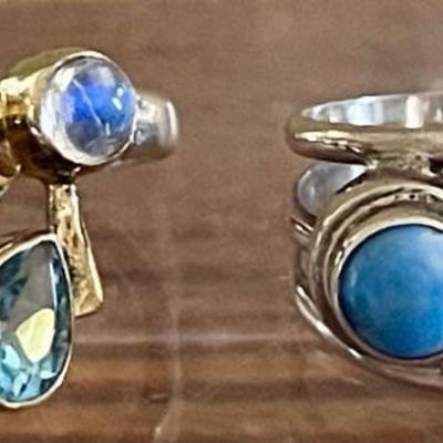 (2) Sterling Silver Rings - Blue Topaz & Moonstone And Blue Lapis Both Size 5 - Total Weight 8.4 Grams 
