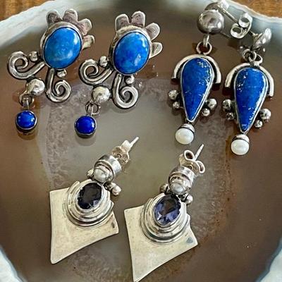 (3) Pairs Of Vintage Sterling Silver - Faceted Iolite - Blue Lapis & Pearl Handmade Earrings - 21.7 Grams 