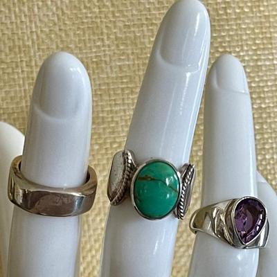 (3) Sterling Silver Pinky Rings Size 3.25 - 3.75 - Turquoise - Amethyst & Square Band - Weight 19.1 Grams 