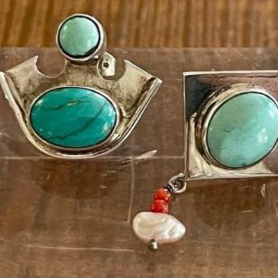 (2) Pairs Of Sterling Silver & Turquoise Handmade Earrings Total Weight 21.8 Grams