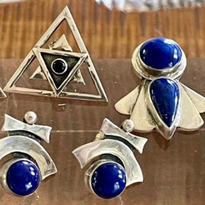 (3) Pairs Of Sterling Silver - Blue Lapis - Black Onyx Handmade Earrings - Total Weight 23.3 Grams 