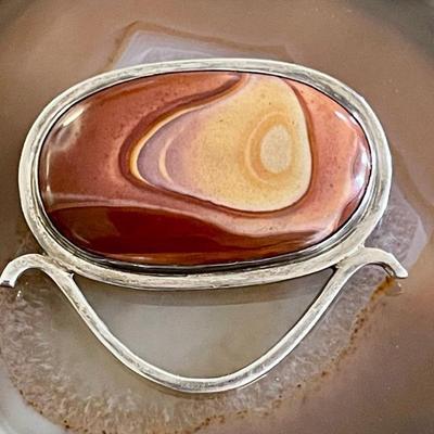 Vintage Sterling Silver & Agate Cabochon Pendant Pin - Total Weight 19.9 Grams 
