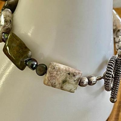 Hand Made Sterling Silver & Agate Cabochon & Grey Pearl 7 Inch Bracelet 